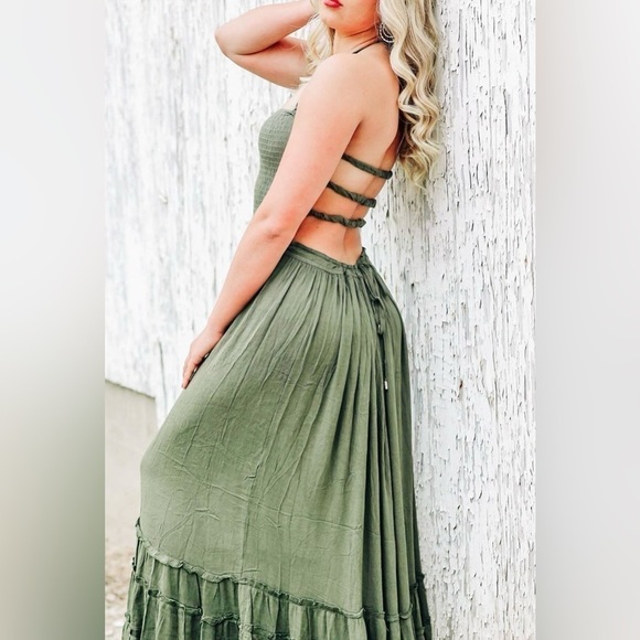 Olive Green Maxi Halter Dress - Picture 4 of 8